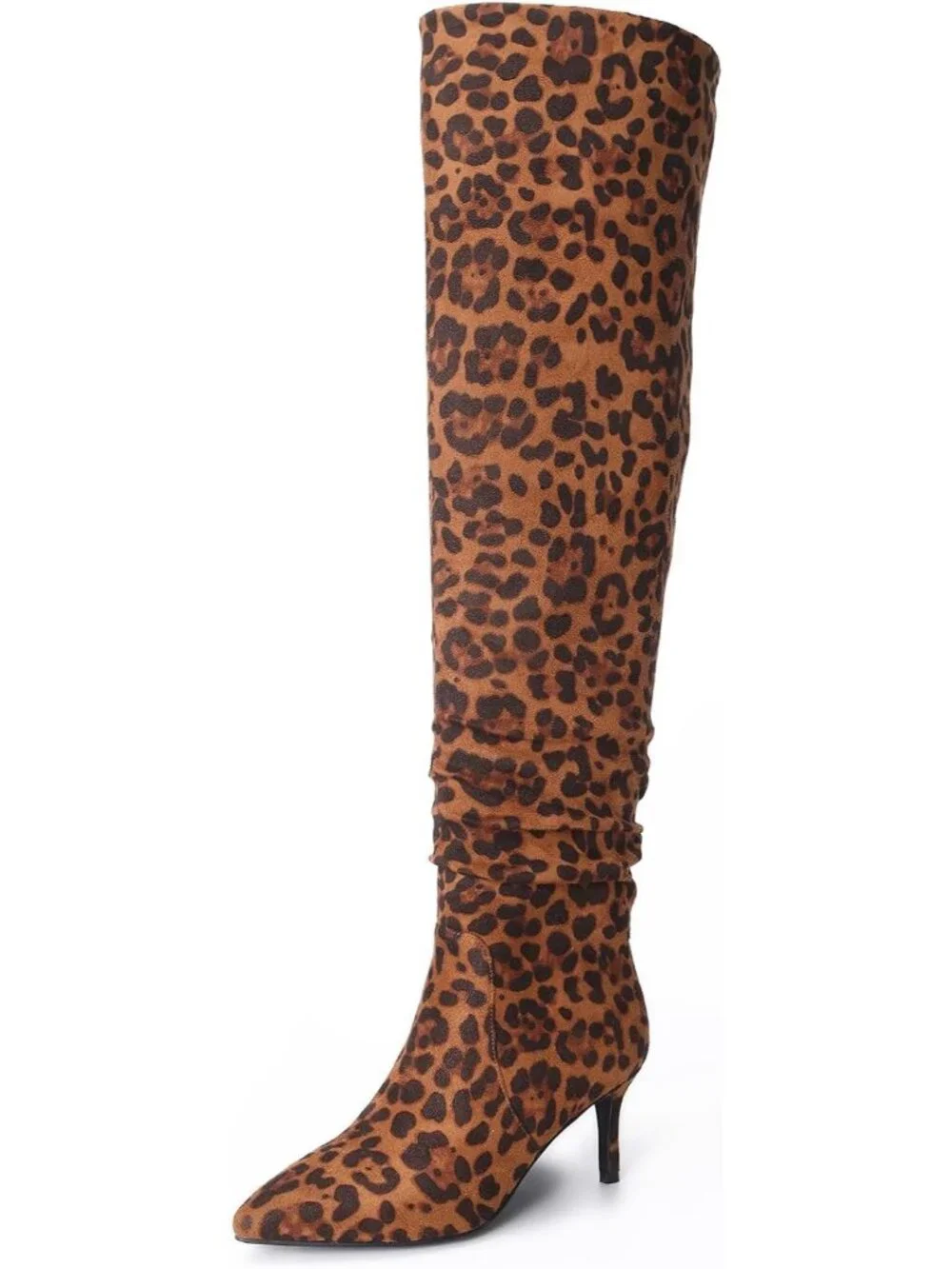 Women's Leopard Pointed Toe Mid Stiletto Heel Suede Leather Over The Knee Boots